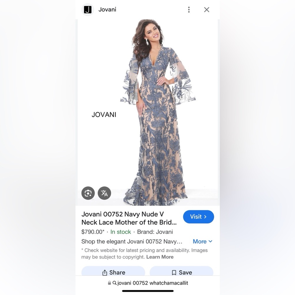 Jovani Blue Lace Gown with Sheer Sleeves